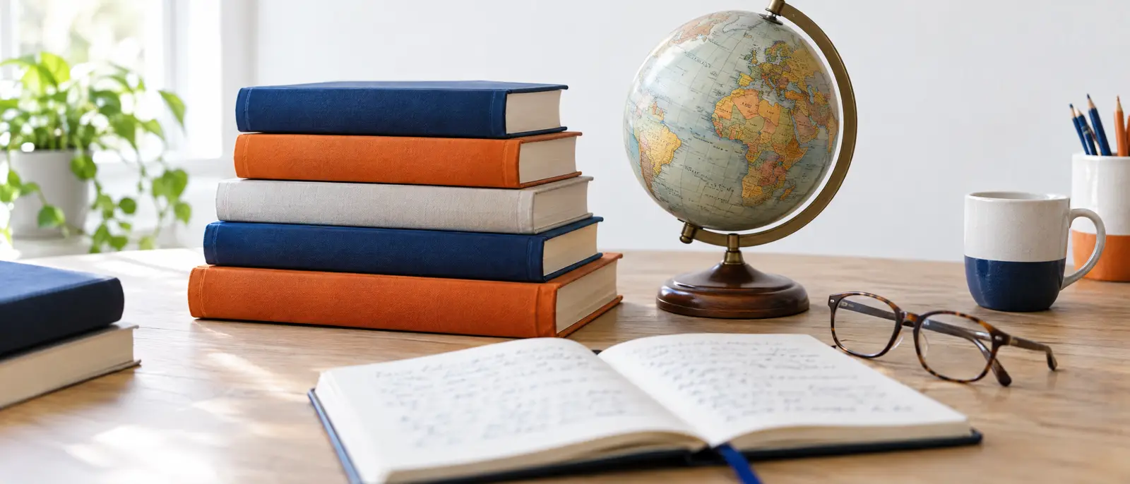 Symbolbild (KI-generiert): Wörterbücher, Globus und Notizbuch